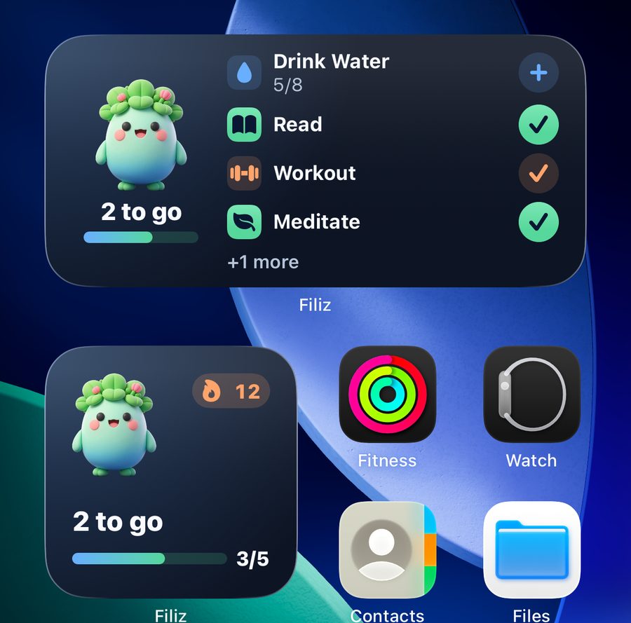 Filiz small and medium widgets on an iPhone Home Screen