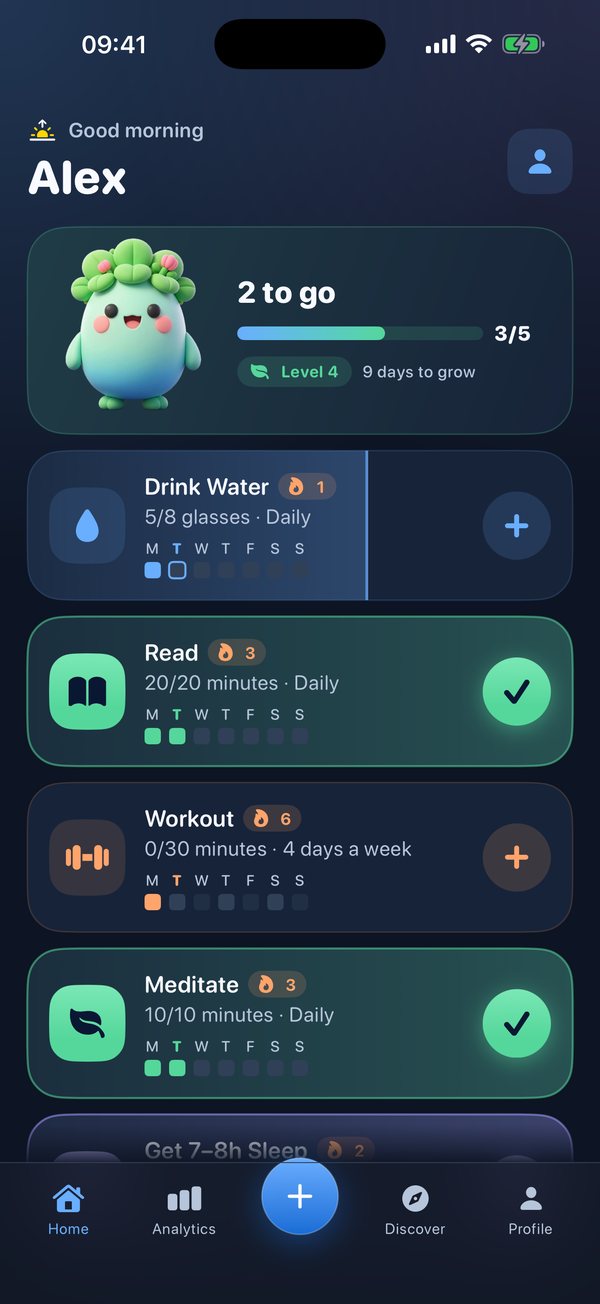 Filiz home screen with today's habits and Filiz in the progress card